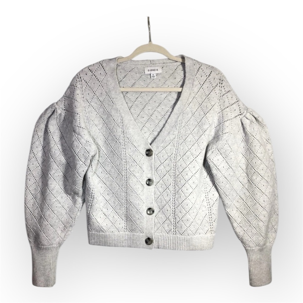 Evereve Pointelle Coquette Puff Sleeve Knit Light Gray Cardigan Size Medium
